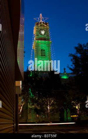 Prahran Town Hall clock tower, decorated with Christmas Lights. Prahran, Melbourne, Australia. Stock Photo