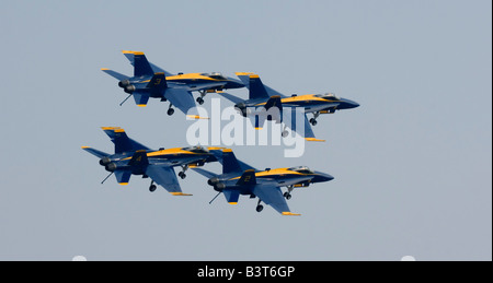 Boeing F/A-18 jets of the US Navy Blue Angels flight demonstration team perform at their summer base, NAS Pensacola Florida. Stock Photo