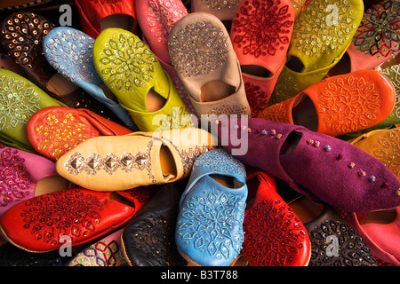 Morocco, Casablanca. Brightly coloured Moroccan slippers (known as 'babouche') for sale in the Souq of the Quartier Habous or 'New Medina'. Stock Photo