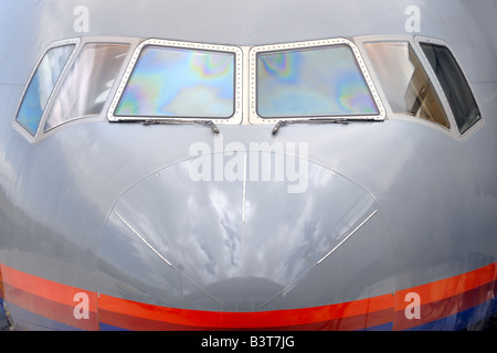 A front view of the Being 777, the world's longest range airliner with the most powerful engines of any commercial aircraft. Stock Photo