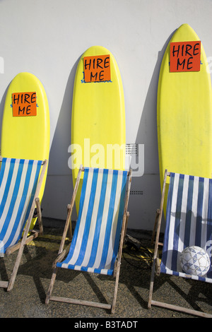 England, Cornwall, Newquay. Surf boards for hire on Great Western Beach. Stock Photo