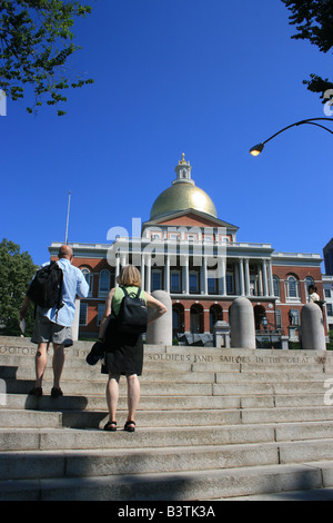 Tourists outside of the Massachusetts State House in Boston. Stock Photo