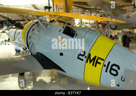 A Grumman F3F-2 bi-wing pre-WWII fighter aircraft on Static display at the Naval Air Museum, NAS Pensacola. Stock Photo