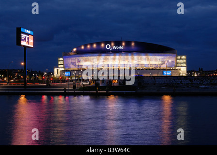 O2 World, with Spree river and East Side Gallery, O2 Arena of the Anschutz Entertainment Group, Berlin Friedrichshain, Germany, Stock Photo