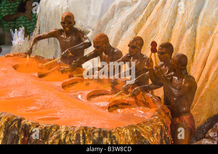 A close view of a samba school male drummers participating at the carnival in the Rio Sambadrome. Stock Photo