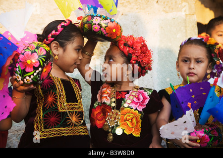 Tehuana girls are dressed up in traditional costumes during Easter celebrations in Oaxaca, Mexico, Latin America Stock Photo