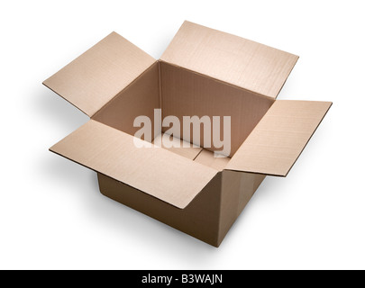 An empty and open cardboard box or carton on a white background Clipping path included Stock Photo