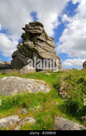 A granite rock stack amongst Bonehill Rocks on Dartmoor with blue sky and white clouds Stock Photo