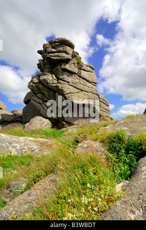 A granite rock stack amongst Bonehill Rocks on Dartmoor with blue sky and white clouds Stock Photo