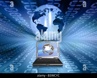 3D render of a globe on a binary code background with a laptop in the foreground Stock Photo