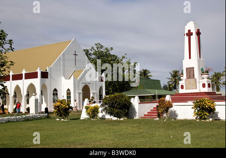 Oceania, Fiji, Viti Levu, Viseisei. A Methodist Church and a religious monument in the village center. Stock Photo