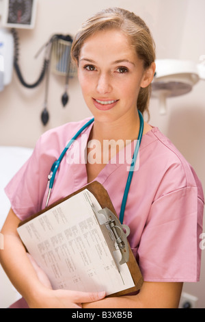 Young Female Doctor In Scrubs, Holding A Clipboard