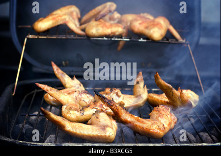 Closeup of BBQ Chicken Wings Over A Hibachi Grille Stock Photo