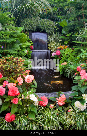 Waterfall and begonias in greenhouse at Butchart Gardens B C Canada Stock Photo