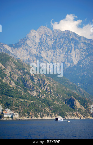 St.Gregory Monastery and Mount Athos, Athos Peninsula, Chalkidiki, Central Macedonia, Greece Stock Photo