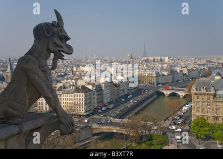View of Paris from the Chimera Gallery with gargoyles Notre Dame Cathedral in spring sunshine France Europe EU Stock Photo