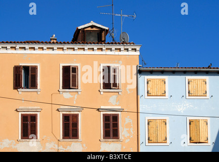 Colourful Facades of Brightly Painted Houses in Picturesque Town of Rovinj in Istria Croatia Stock Photo