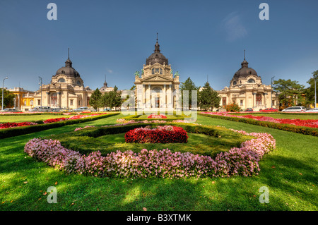 HDR image of Szechenyi thermal baths exterior view Varosliget City Park Budapest Hungary Stock Photo