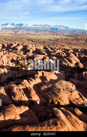 Aerial landscape of canyon in Arches National Park Utah United States Stock Photo