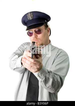 A police officer with his gun drawn isolated on white Stock Photo