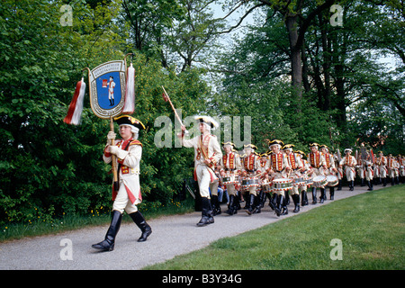 BOY'S BAND IN UNIFORM MARCHING AND PLAYING MUSIC, DINKELSBŸHL, MEDIEVAL WALLED TOWN, BAVARIA, GERMANY Stock Photo