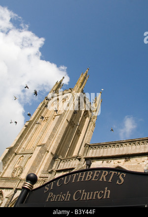 The tower of St. Cuthbert's parish church with a flock of pigeons flying, Wells, Somerset, UK Stock Photo
