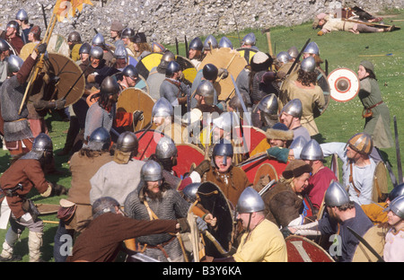 Norse Society Viking Saxon soldiers Skirmish battle historical re-enactment English military history fighting arms weapons Stock Photo