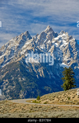 Road and Teton Mountains Grand Teton National Park WY Stock Photo