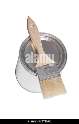 Paintbrush and paint can cut out isolated on white background Stock Photo