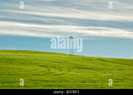 Windmill in wheat field The Palouse Washington Stock Photo