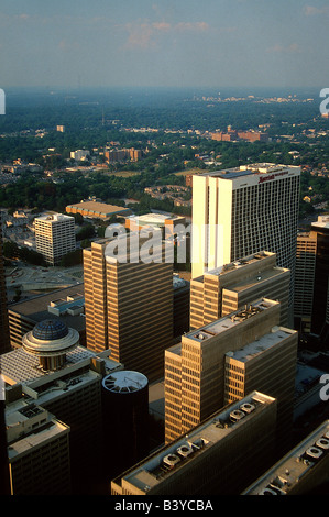 North America, USA, Georgia, Atlanta. A view from above of some Atlanta skyscrapers and the landscape beyond them. Stock Photo