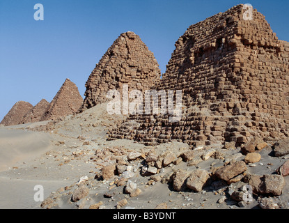 Sudan, Sahara Desert, Nuri. The ancient pyramids at Nuri date between 700BC and 300BC. Nineteen kings and fifty-three queens from all the dynasties of the Kingdom of Cush are buried in these pyramids including Taharqa (690BC-664BC), the famous Black Pharaoh who ruled over Egypt in the 7th century BC until the Assyrians expelled him from Egypt.In 300BC the capital of the Kingdom of Cush and the royal burial grounds were moved to Meroe due to conflict with Egypt whose expeditionary forces sacked Napata in their drive south. Stock Photo