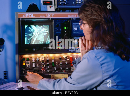 Female scientist uses scanning electron microscope to analyze materials Stock Photo