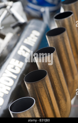 Close up of exhaust pipes on a huge 27 litre rolls royce aero engine on a customised sled pull tractor Stock Photo