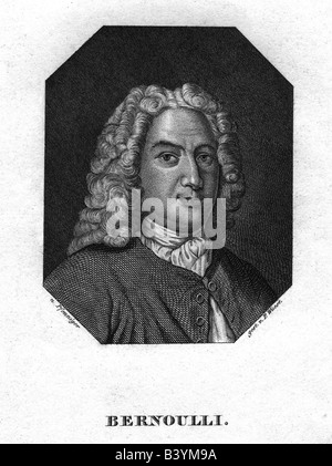 Bernoulli, Daniel, 8.2.1700 - 7.3.1782, Swiss mathematician and physicist, steel engraving by P. Wuest, circa 1840, after painting by Pfenniger, Artist's Copyright has not to be cleared Stock Photo