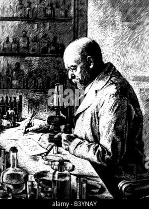 Koch, Robert, 11.12.1843 - 27.5.1910, German physician (bacteriology), in laboratory, anonymous engraving, , Stock Photo