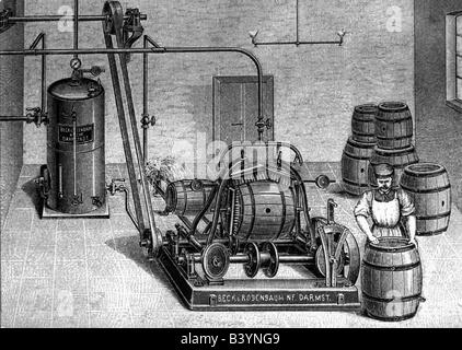 alcohol, beer, brewery, interior view, barrel washing machine, wood engraving, circa 1895, Stock Photo