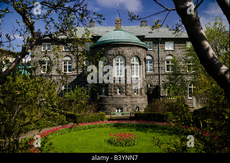Garden in front of a parliament building, Althingi, Reykjavik, Iceland Stock Photo