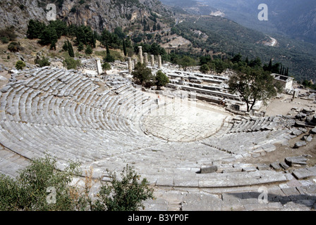 geography / travel, Greece, Delphi (Delphoi), shrine of the Apollo-Pythios, theatre, built in the 4th century BC, restored in 2nd BC by Eumenes II. of Pergamon, ruin, Orchestra, rows of seats, excavations, archaeological excavation, architecture, archaeology, historical, historic, archaeology, ancient, theatre, antiquity, Phokis, UNESCO, World Heritage Site, Apollo Pythios,  people, ancient world, Stock Photo