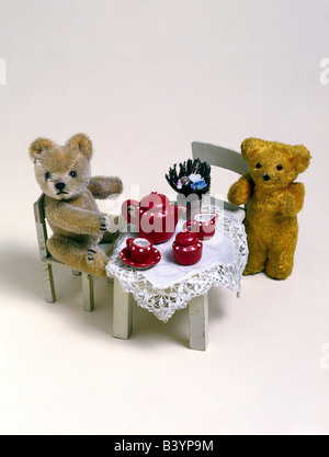 toys, teddy bears, two teddies, 1940s, 40s, historic, historical, bear, Stock Photo