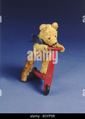 toys, teddy bears, teddy with scooter, 1940s, 40s, historic, historical, bear, toy, toys, Stock Photo