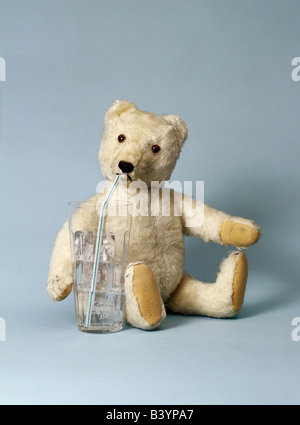 toys, teddy bears, teddy with glass, 1940s, 40s, historic, historical, bear, toy, drinking Stock Photo