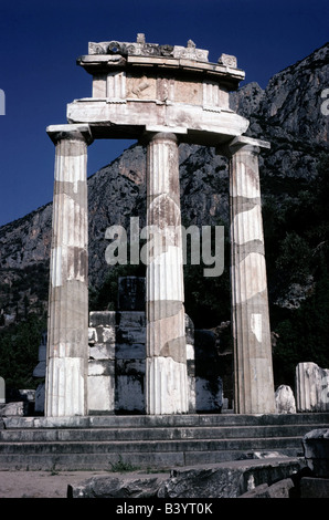 geography / travel, Greece, Delphi, (Delphoi), Marmaria, shrine of the Athena Pronaia, sanctuary, view to the Tholos (round temple), constructed in the beginning of the 4th BC, ruin, Dorian columns, reconstructed in 1938, Stock Photo