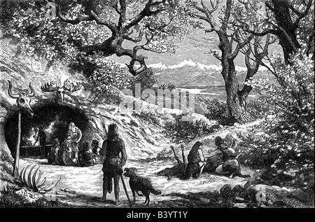 aeon / prehistory, people, prehistoric men, stone age, everyday life of a family, engraving, 19th century, historic, historical, sapient, cave man, cooking, prey, Stock Photo