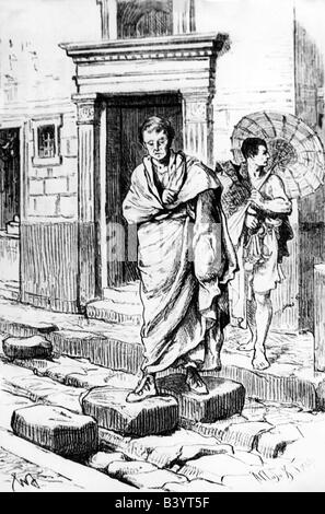 fashion, ancient world, Roman Empire, citizen with toga, drawing, 19th century, Romans, clothing, people, antiquity, umbrella, slave, street, pedestrian crossing, historic, historical, ancient world, Stock Photo