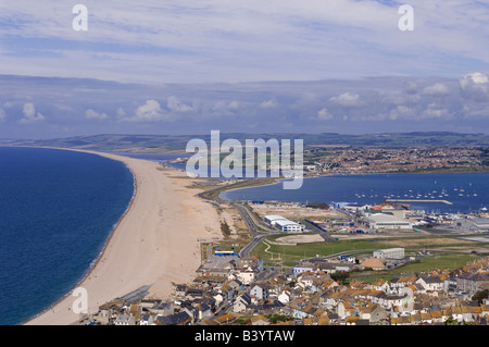 Spectacular view of the famous Chesil Beach (on the left) and Portland Harbour (on the right) in Dorset Stock Photo