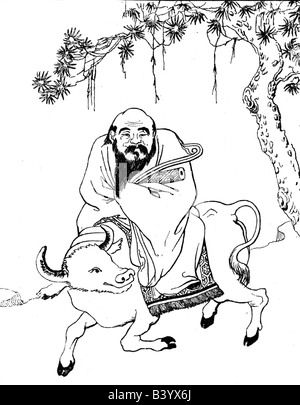 Laotse, 300/400 BC, Chinese philosopher, founder of Taoism, riding on buffalo, painting by Chao Po Chü, China ink on paper, middle of 12th century, Sung Dynastie, Stock Photo