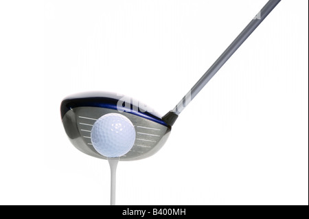 Golf driver behind a golf ball and tee isolated on a white background Stock Photo