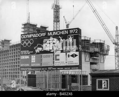 geography/travel, Germany, Munich, Olympiapark, construction 1968 - 1972, Olympic Village, blackboard, June 1970, construction site, crane, Olympic Games, Oberwiesenfeld, Bavaria, Europe, 20th century, historic, historical, 1970s, Stock Photo