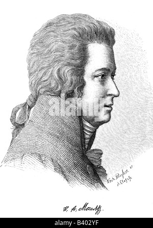 Mozart, Wolfgang Amadeus, 27.1.1756 - 5.12.1791, Austrian composer, portrait, wood engraving by Adolf Closs (1846 - 1894), Stock Photo